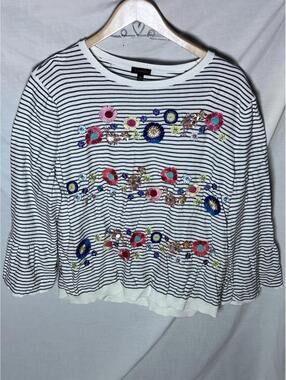 Talbots Striped Cotton Embroidered Embellished 3/4 Sleeve Top Size XL EUC